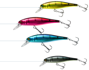 Attractive and interesting colorful fishing lure wobblers in four cmyk colors isolated