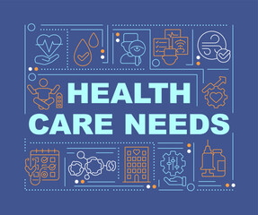 Naklejka premium Health care needs word concepts dark blue banner. Health sector. Infographics with editable icons on color background. Isolated typography. Vector illustration with text. Arial-Black font used