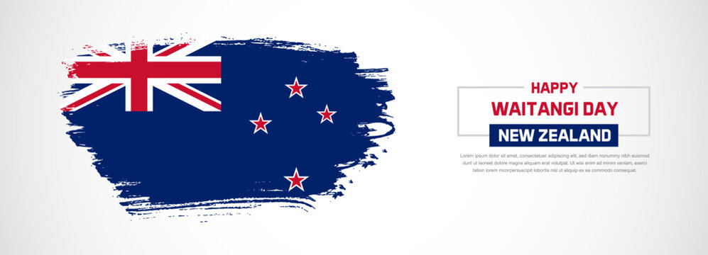 Abstract flag of New Zealand on hand drawn brush strokes. Happy Independence Day with grunge style vector background