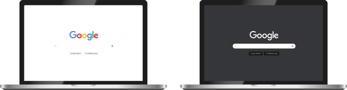 Realistic laptop mockup with Google search engine on the screen. Google search on laptop monitor on isolated background. Google search engine web page mockup, on transparent background. PNG image