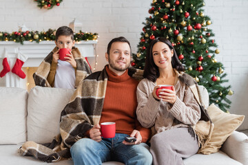 smiling family with warm blankets holding cups of cocoa in living room with christmas decor