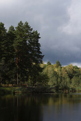 Autumn forest on the lake shore against a cloudy sky. Autumn landscape. The forest and the dramatic sky are reflected in the water surface.