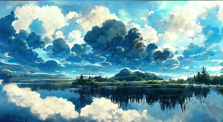 WIde Angle Japanese Anime Landscape Background. Clear Sky with Dynamic Cloud. Above Cloud. Beyond Atmosphere. Sunlight See Through Cloud Beautiful  Scenery. 