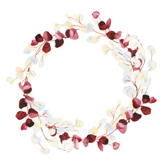 Field herbs, hand painted watercolor red and white eucalyptus branches wreath illustrations. Herbarium, botanical elements for design. Watercolor hand drawn frame clipart