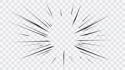Abstract comic book flash explosion radial lines on transparent background. Vector illustration superhero design. Bright black light strip burst. Flash ray blast glow. Speed lines Manga frame. Anime - obrazy, fototapety, plakaty