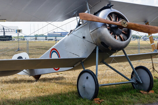 Aircraft Nieuport 17 Nieuport 17) in static parking lot in Zhukovsky. Basic model of French fighter of First World War. 100 years of  Russian Air Force. Zhukovsky, Russia - August 09, 2012