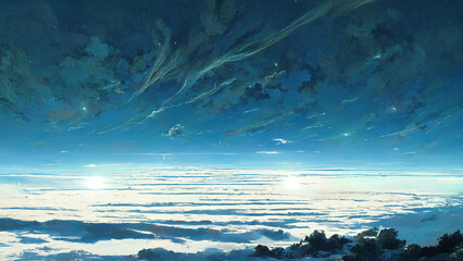 Plakat WIde Angle Japanese Anime Landscape Background. Clear Sky with Dynamic Cloud. Above Cloud. Beyond Atmosphere. Sunlight See Through Cloud Beautiful Scenery. 