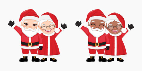 Santa Claus and his wife waving hands and greeting Vector illustration, American African Santa and wife Christmas character on white background.