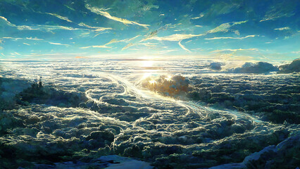 WIde Angle Japanese Anime Landscape Background. Clear Sky with Dynamic Cloud. Above Cloud. Beyond Atmosphere. Sunlight See Through Cloud Beautiful  Scenery. 
