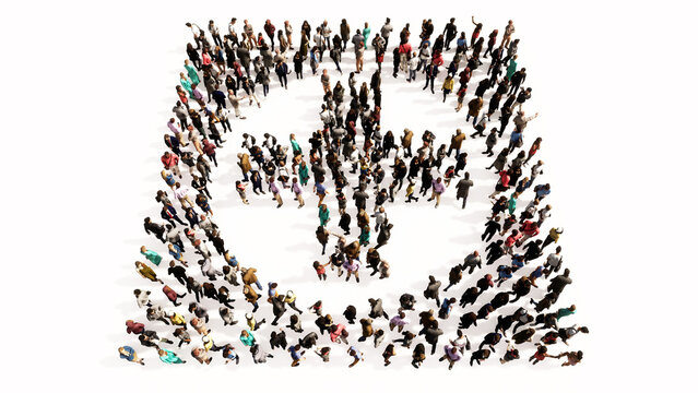 Concept or conceptual large gathering  of people forming a cross sign on white backround. A 3d illustration metaphor for medical care, assistance, emergency, doctor, pharmacy or  hospital