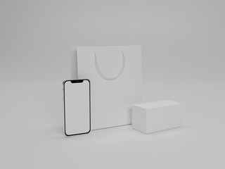 Shopping bag with mobile phone mockup 3d rendering 