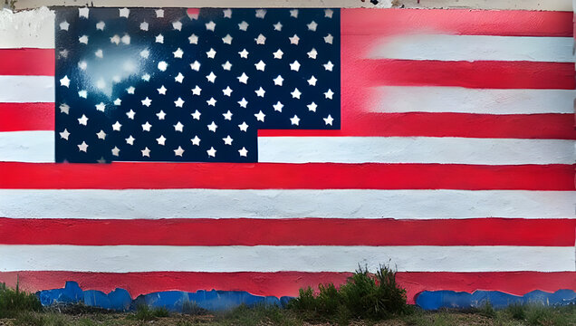 a cracked paint graffiti of an american flag on an old aging house wall - illustration - background texture - usa - united states or america - red white blue