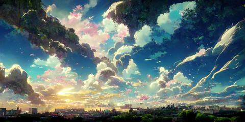 Naklejka premium WIde Angle Japanese Anime Landscape Background. Clear Sky with Dynamic Cloud. Sakura Tree. Beautiful Scenery.