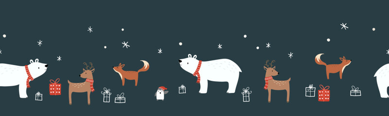 Cute hand drawn animals seamless pattern, winter background, christmas design - great for wallpapers, wrapping paper, fabrics - vector design