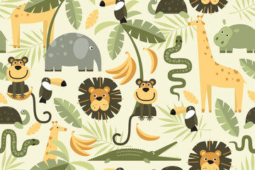 Seamless pattern in scandinavian style with cute elephant, toucan, giraffe, lion, snake, hippopotamus and monkey. Ideal for baby cloth, baby room decoration, packaging. Vector illustration. © Юлия Мелешина