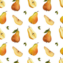 Yellow pear, seamless pattern. Watercolor illustration.