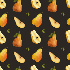 Yellow pear, seamless pattern. Watercolor illustration.