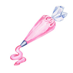watercolor illustration for pastry chefs. pastry bag with cream or icing. kitchen design, menus and cards. for cafes, pastry shops and restaurants