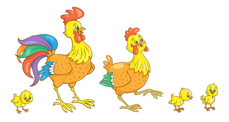 Chicken family. Cockerel, hen and three funny chickens. In cartoon style. Isolated on white background. Vector illustration.