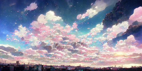 WIde Angle Japanese Anime Landscape Background. Clear Sky with Dynamic Cloud. Sakura Tree. Beautiful Scenery.