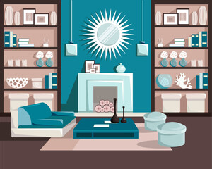 Modern contrasting interior of the living room in blue tones. Vector interior design of an apartment with comfortable sofas, poufs, coffee table, shelves, lamps, round mirror and fashionable decor