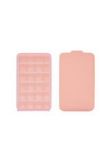 Close-up shot of an empty salmon pink silicone ice cube tray with removable lid. The silicone ice cube tray with lid is isolated on a white background. Front view.
