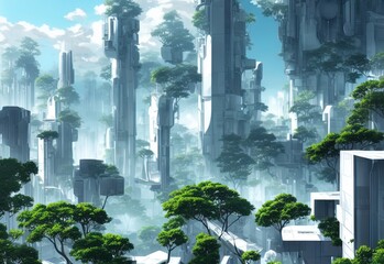 Futuristic city with huge skyscrapers and trees against the blue sky with clouds. The concept of the future. Fantasy cityscape. 3D illustration.
