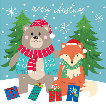 christmas card with bear and fox