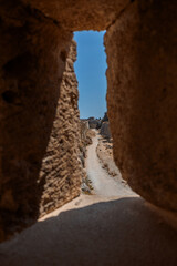 Stone powerful walls of old city, the ancient defense of Old Town, Rhodes, Dodecanese, Greece. High quality photo
