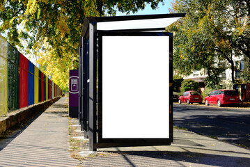 bus shelter at busstop. blank white lightbox ad sign. base template for mockup. empty poster ad...