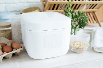 Electric rice cooker on wooden counter-top in the kitchen