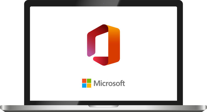 Microsoft Office logo on laptop screen. Laptop mockup with Microsoft logo. PNG image