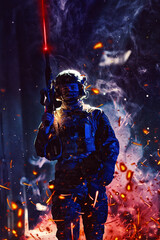 Army soldier in Combat Uniforms with an assault rifle and combat helmet night mission dark background. Blue and purple gel light effect.