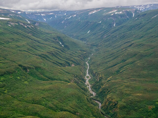 Aerial view of mountains and streams in Lake Clark National Park