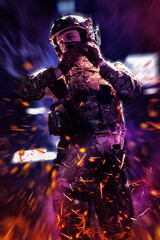 Army soldier in Combat Uniforms with an assault rifle and combat helmet night mission dark background. Blue and purple gel light effect.