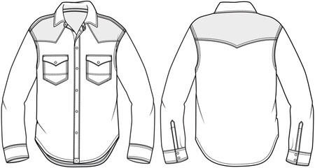 mens western shirt flat sketch vector illustration. long sleeve casual shirt front and back view technical cad drawing template.