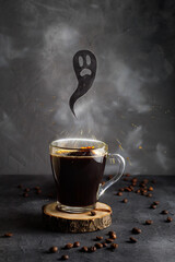 A ghost flies out of a mug of hot coffee. A Halloween greeting card.