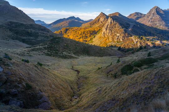 Rolle Pass at sunrise, Dolomites, Trentino, Italy