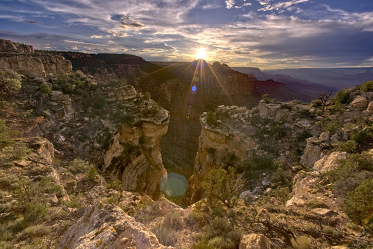 Coronado Falls with the sun setting behind the Sinking Ship at Grand Canyon, Grand Canyon National Park, UNESCO World Heritage Site, Arizona