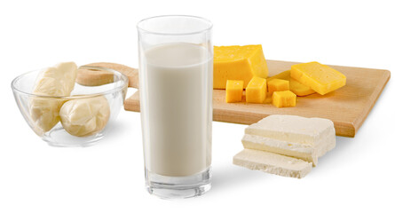 Dairy Products- Cheeses and Milk on the Cutting Board - Isolated