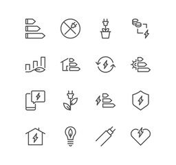 Set of energy saving and saving money icons, power, energy costs, property, level, green house and linear variety vectors.