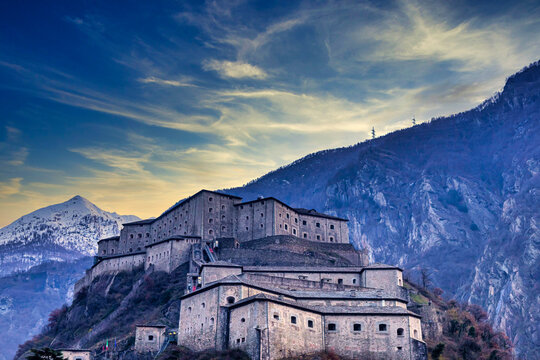 The Fort of Bard at sunset, Aosta, Aosta Valley, Italy