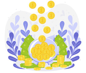 Money is flying from above in piggy bank on background of gold coins, banknotes and plants. Flat cartoon style. The concept of profit, successful business and investment. Vector graphics.
