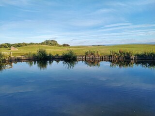 A lake with a reflection of the sky