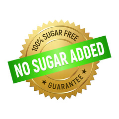 Badge no sugar added. Gold and green 100% sugar-free rubber stamp. Design elements for labels, stickers, banners, posters for food and health business. Vector illustration.