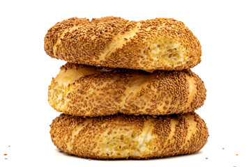 Turkish bagel or gevrek. Traditional flavors. Bagel with sesame isolated on white background. close up