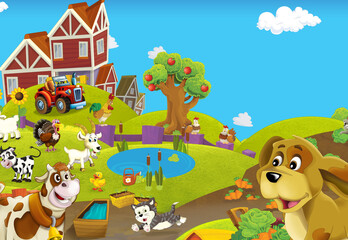 Fototapeta na wymiar cartoon farm scene with horse stallion illustration for children