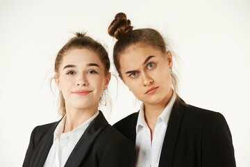 Two girls in office clothes, facial expressions on their faces. Pure white background. The concept of business and corporate relationships in the enterprise.