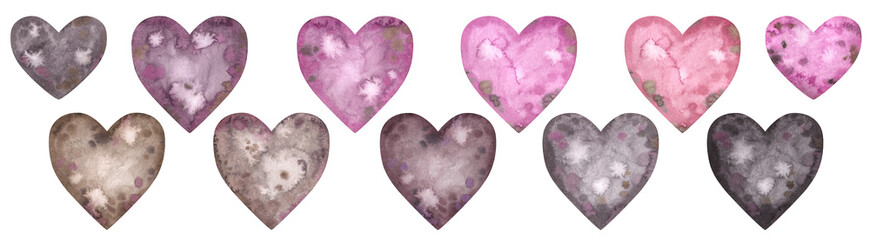 Watercolor set with vintage hearts. Pink, lilac, purple, violet, beige, grey, brown and black retro elements