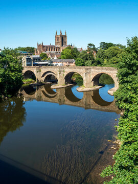 Wye Bridge and Hereford Cathedral, Hereford, Herefordshire, England, United Kingdom